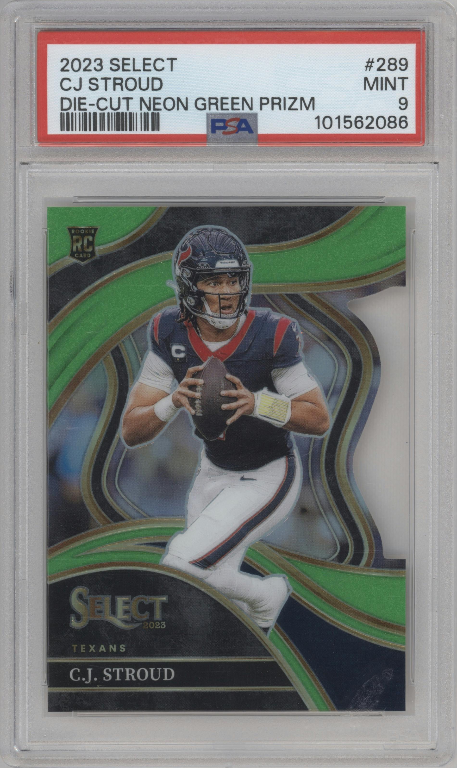 C.J. Stroud from the 2023 Panini Select set featuring a Die-Cut Neon Green Prizm parallel graded by PSA and given an overall grade of 9.
