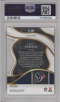 C.J. Stroud from the 2023 Panini Select set featuring a Die-Cut Neon Green Prizm parallel graded by PSA and given an overall grade of 9.