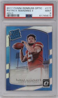 Patrick Mahomes II from the 2017 Panini Donruss Optic set featuring a Holo parallel graded by PSA and given an overall grade of 9.