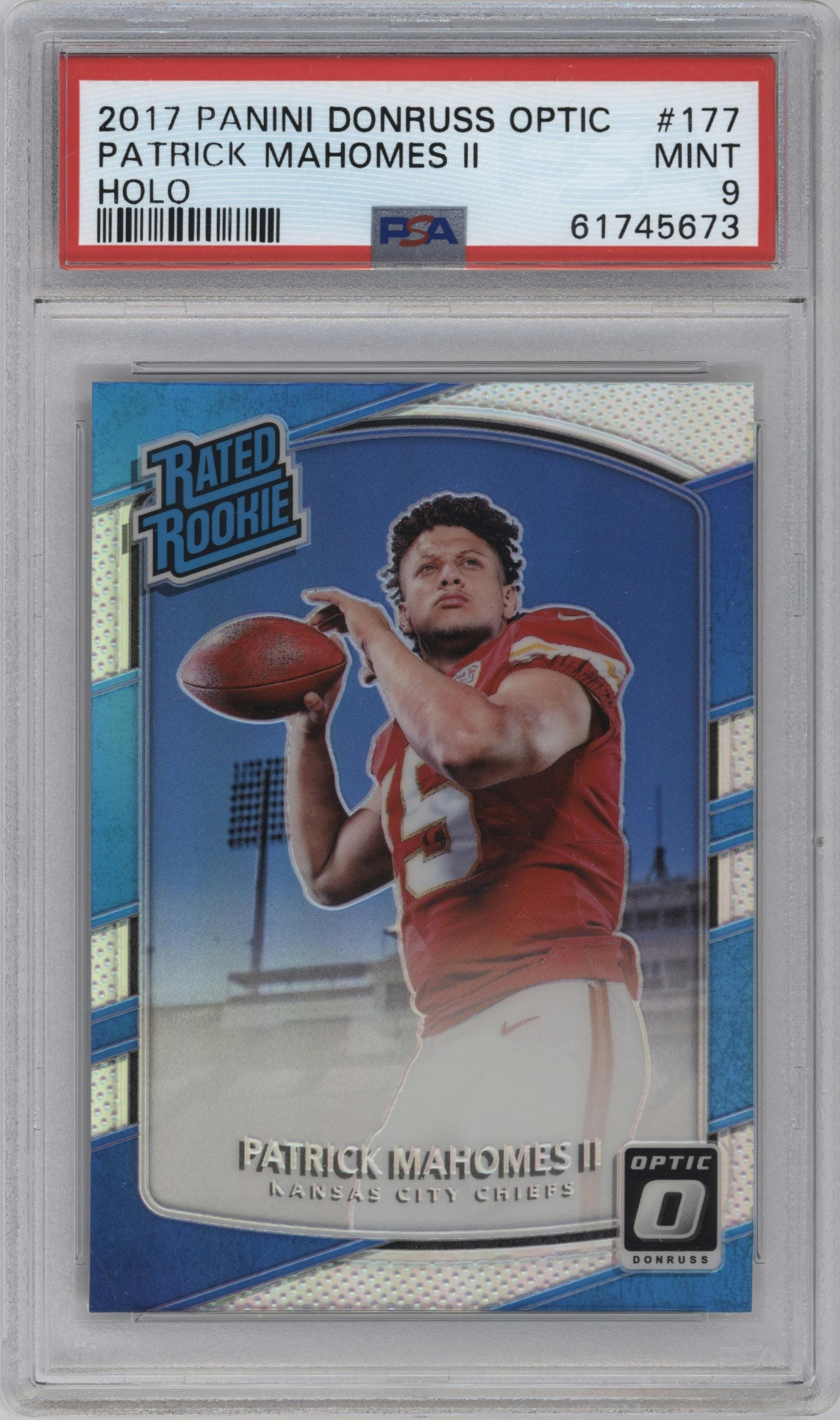 Patrick Mahomes II from the 2017 Panini Donruss Optic set featuring a Holo parallel graded by PSA and given an overall grade of 9.