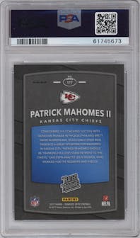 Patrick Mahomes II from the 2017 Panini Donruss Optic set featuring a Holo parallel graded by PSA and given an overall grade of 9.
