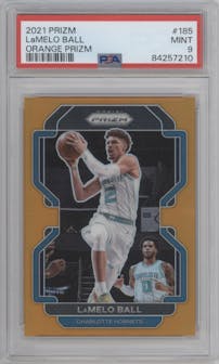 LaMelo Ball from the 2021-22 Panini Prizm  set featuring a Orange Prizm parallel graded by PSA and given an overall grade of 9.