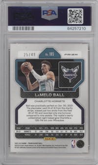 LaMelo Ball from the 2021-22 Panini Prizm  set featuring a Orange Prizm parallel graded by PSA and given an overall grade of 9.