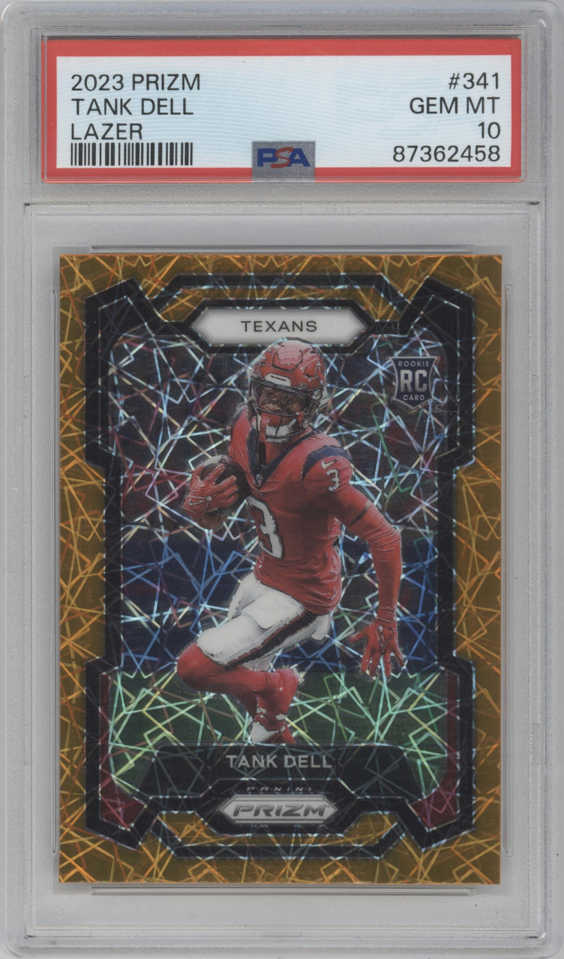 Tank Dell from the 2023 Panini Prizm set featuring a Lazer parallel graded by PSA and given an overall grade of 10.