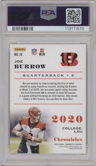 Joe Burrow from the 2020 Panini Chronicles set featuring a Pink parallel graded by PSA and given an overall grade of 10.