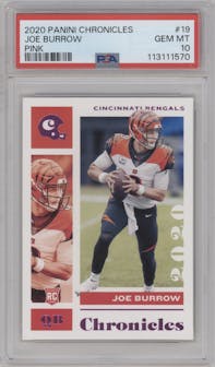 Joe Burrow from the 2020 Panini Chronicles set featuring a Pink parallel graded by PSA and given an overall grade of 10.