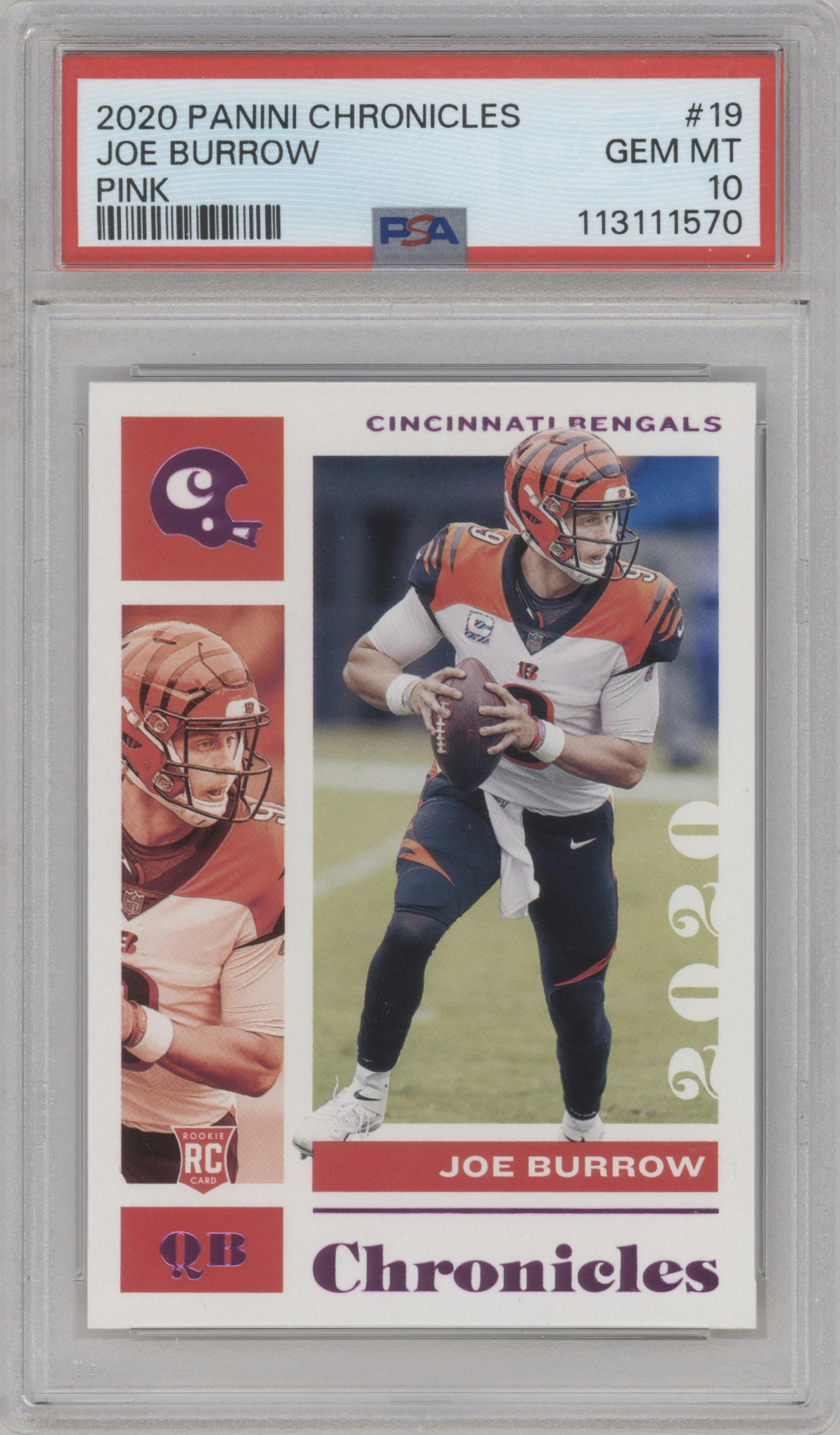 Joe Burrow from the 2020 Panini Chronicles set featuring a Pink parallel graded by PSA and given an overall grade of 10.