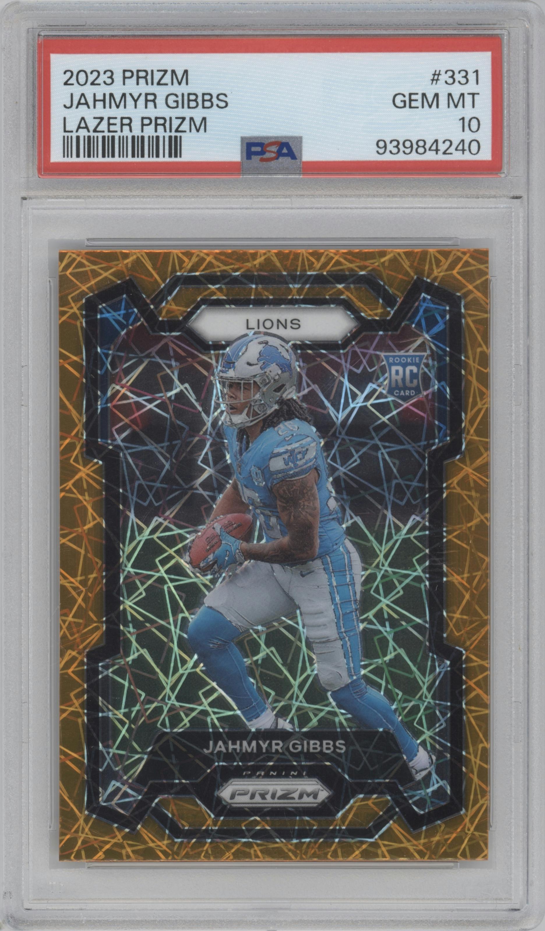 Jahmyr Gibbs from the 2023 Panini Prizm set featuring a Lazer parallel graded by PSA and given an overall grade of 10.