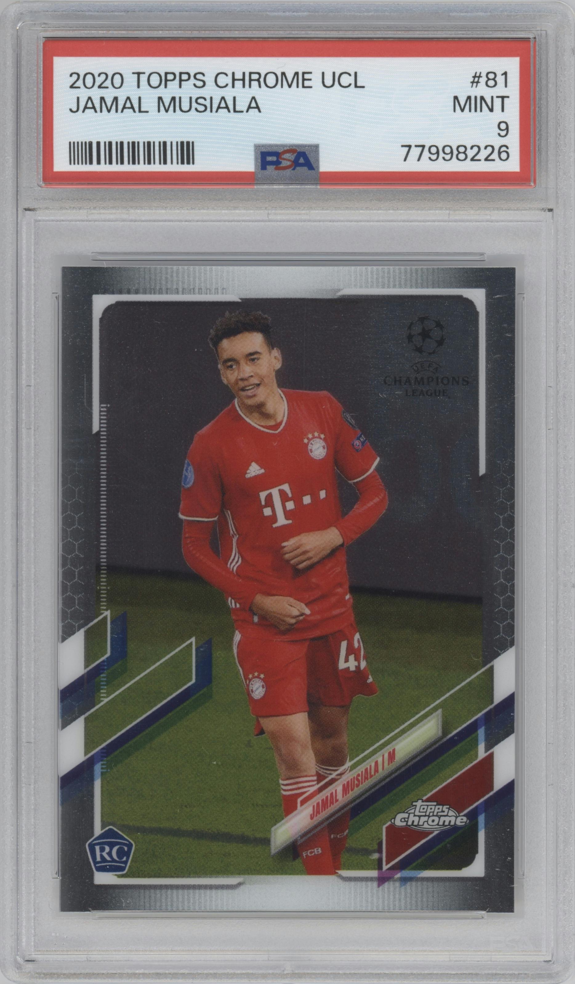 Jamal Musiala from the 2020-21 Topps Chrome UEFA Champions League set graded by PSA and given an overall grade of 9.