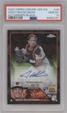 Adley Rutschman from the 2023 Topps Chrome Update Series Sapphire Edition set featuring a Black parallel graded by PSA and given an overall grade of 10.