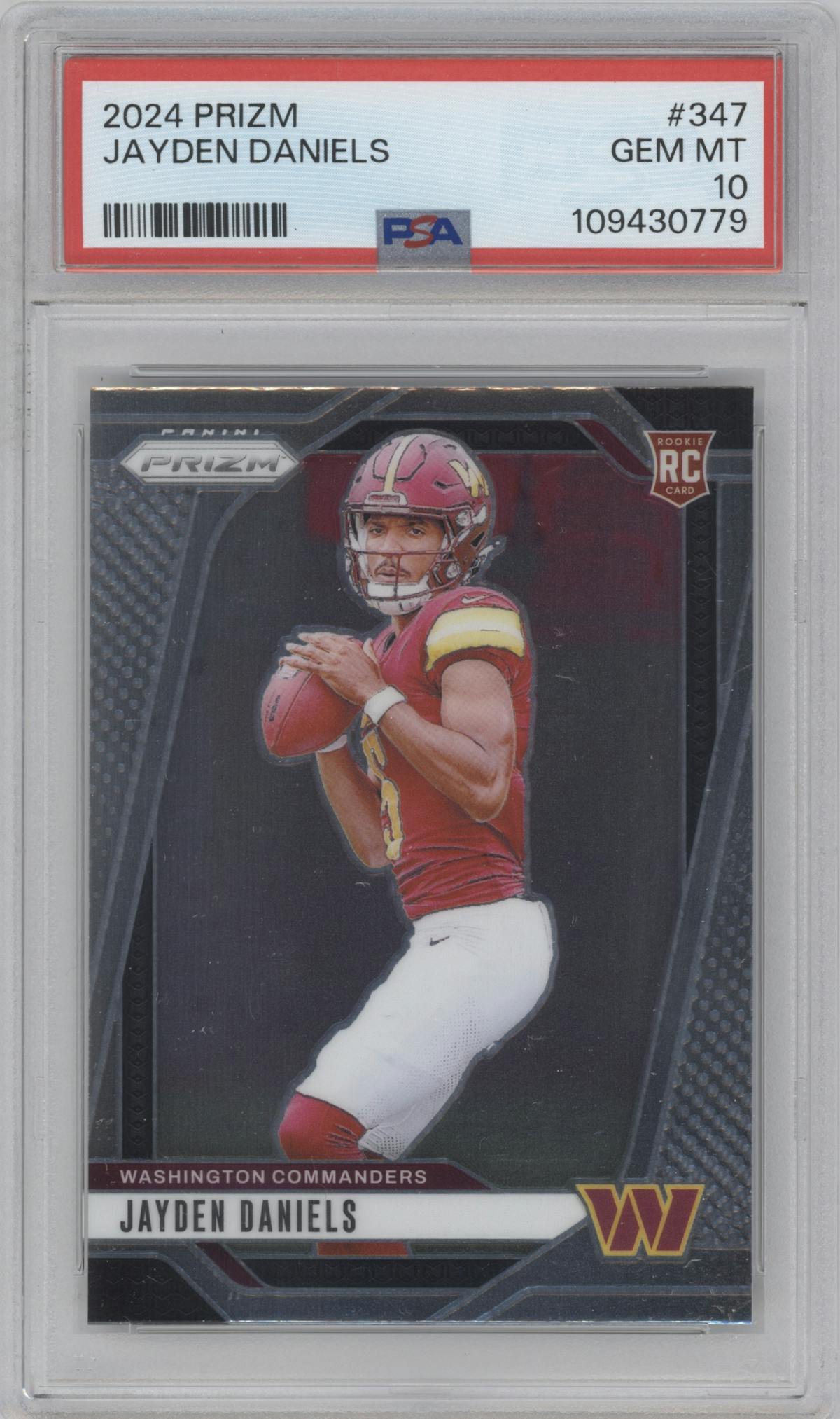 Jayden Daniels from the 2024 Panini Prizm set graded by PSA and given an overall grade of 10.