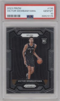 Victor Wembanyama from the 2023-24 Panini Prizm set graded by PSA and given an overall grade of 10.