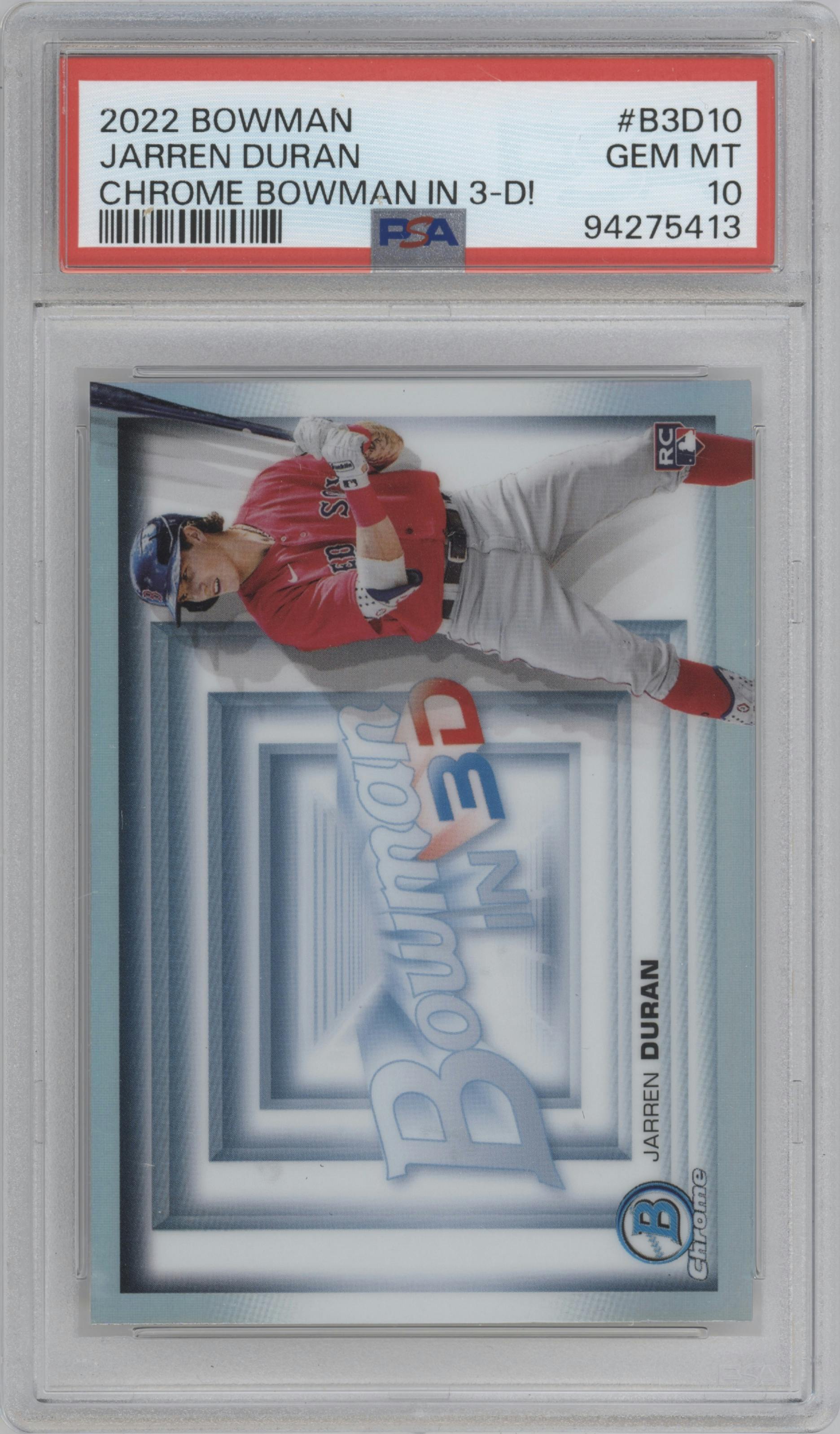 Jarren Duran from the 2022 Bowman set graded by PSA and given an overall grade of 10.