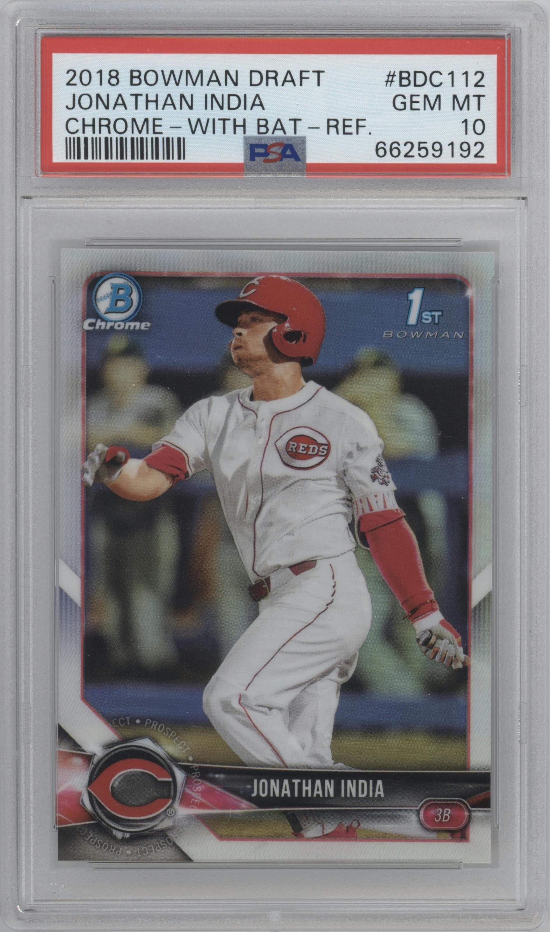 Jonathan India from the 2018 Bowman Draft set featuring a Refractor  parallel graded by PSA and given an overall grade of 10.
