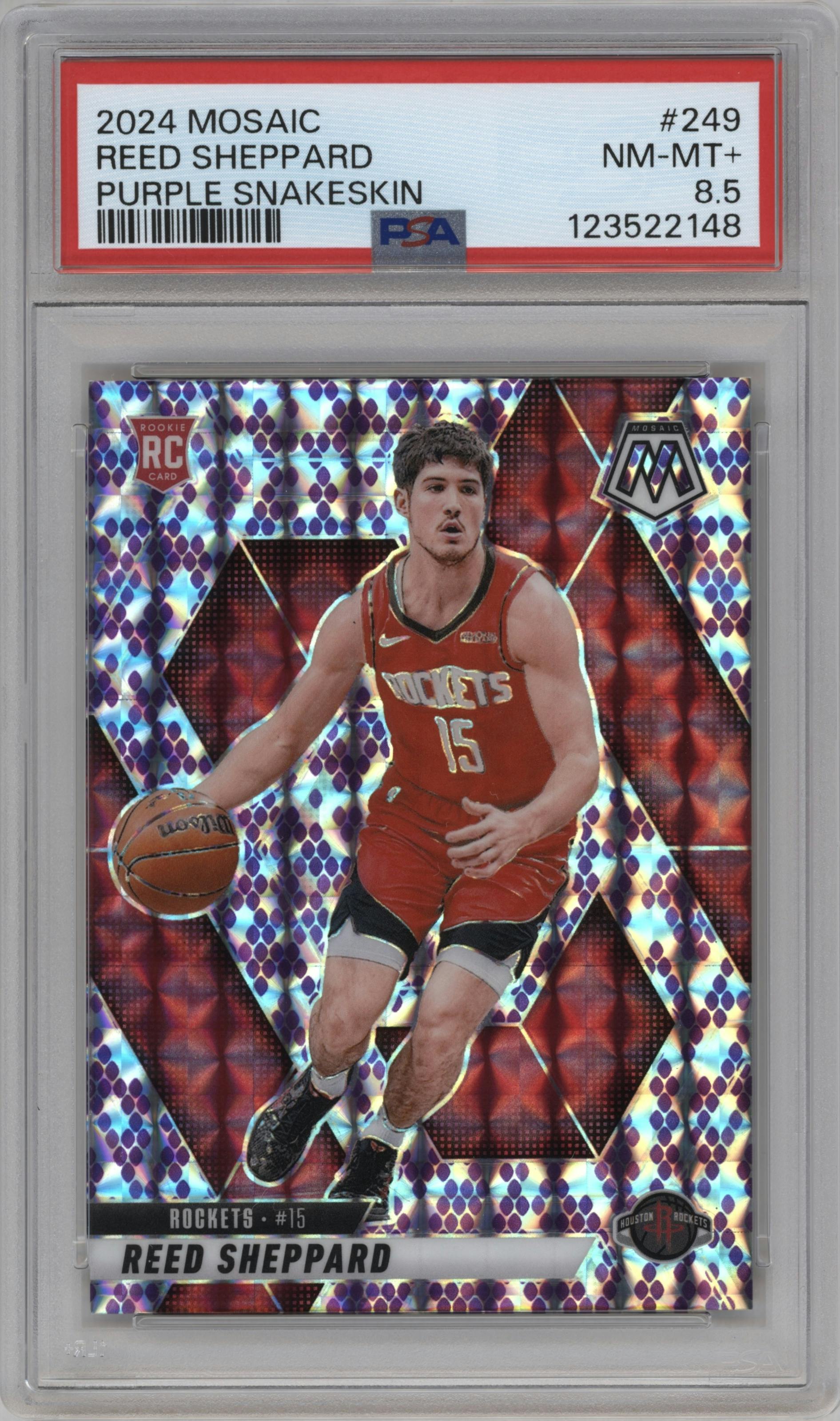 Reed Sheppard from the 2024-25 Panini Mosaic set featuring a Purple Snakeskin parallel graded by PSA and given an overall grade of 8.5.