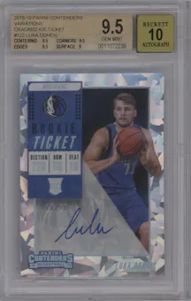 Luka Doncic from the 2018-19 Panini Contenders set featuring a Ticket Cracked Ice parallel graded by Beckett and given an overall grade of 9.5.