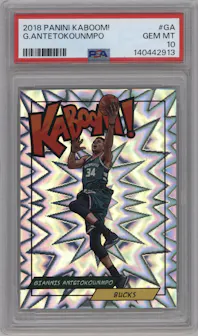 Giannis Antetokounmpo from the 2018 Panini Kaboom Rewards Multi-Sport set graded by PSA and given an overall grade of 10.
