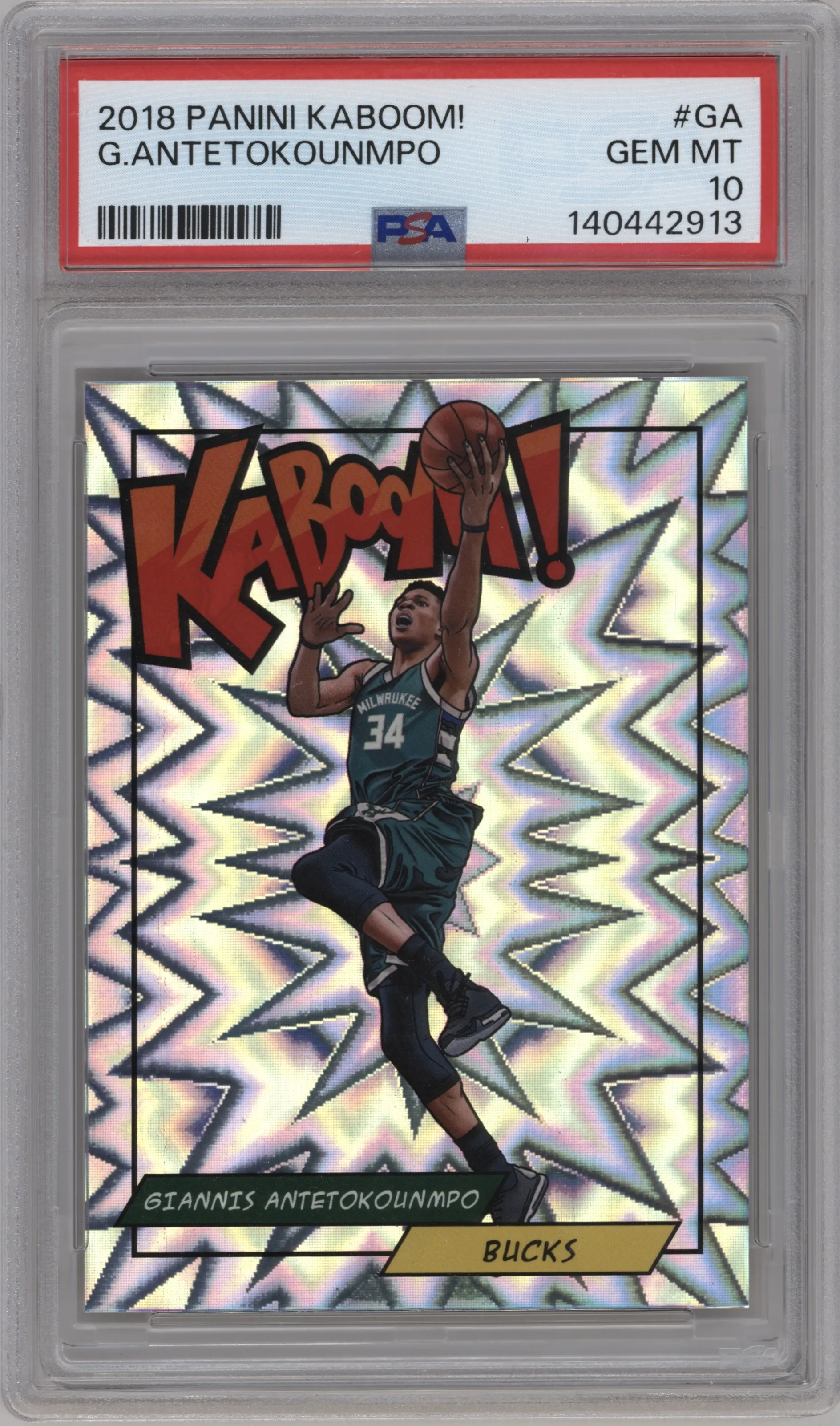 Giannis Antetokounmpo from the 2018 Panini Kaboom Rewards Multi-Sport set graded by PSA and given an overall grade of 10.
