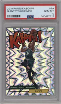 Giannis Antetokounmpo from the 2018 Panini Kaboom Rewards Multi-Sport set graded by PSA and given an overall grade of 10.
