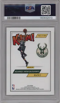 Giannis Antetokounmpo from the 2018 Panini Kaboom Rewards Multi-Sport set graded by PSA and given an overall grade of 10.