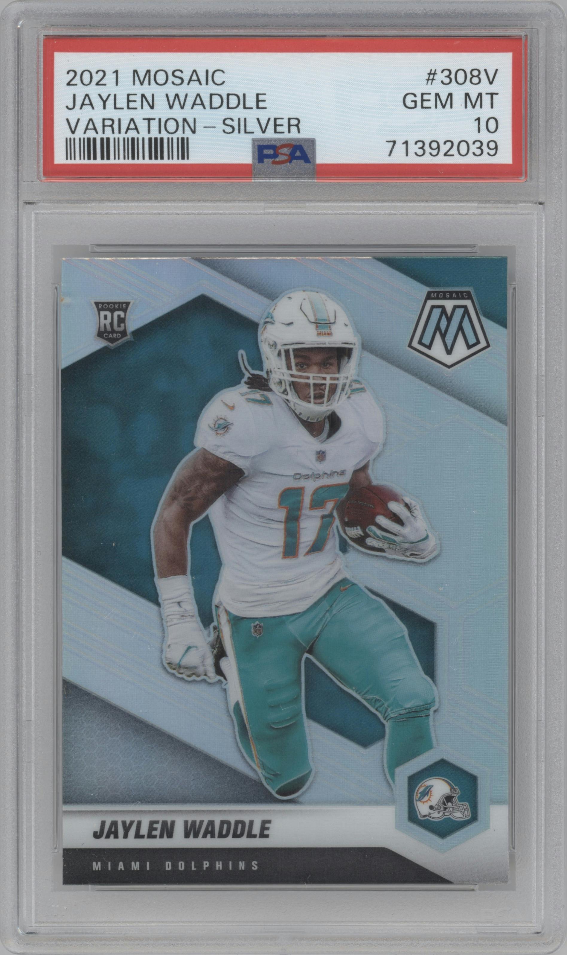 Jaylen Waddle from the 2021 Panini Mosaic set featuring a Silver  parallel graded by PSA and given an overall grade of 10.