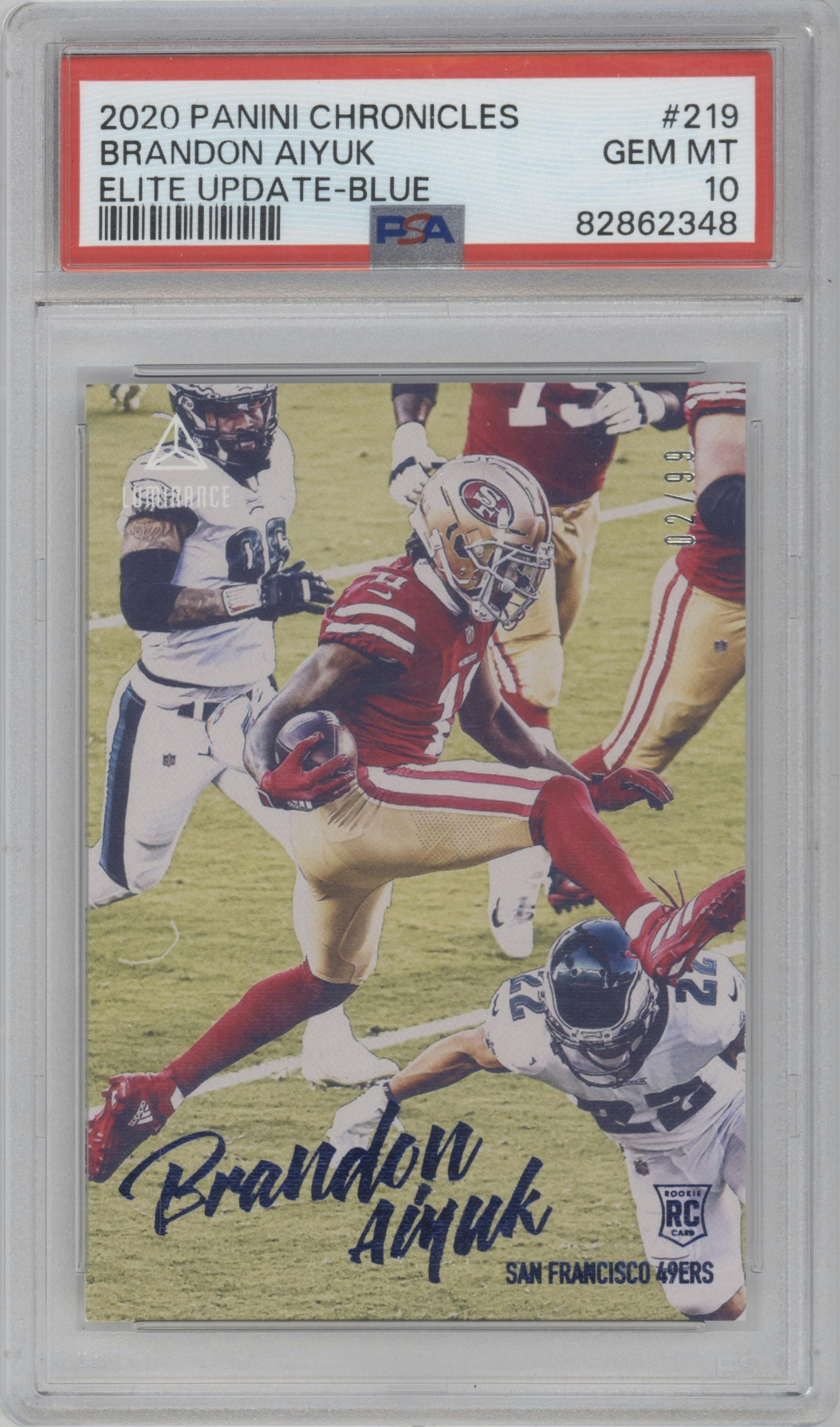 Brandon Aiyuk from the 2020 Panini Chronicles set featuring a Blue parallel graded by PSA and given an overall grade of 10.