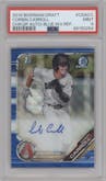 Corbin Carroll from the 2019 Bowman Draft set featuring a Blue Wave Refractor parallel graded by PSA and given an overall grade of 9.