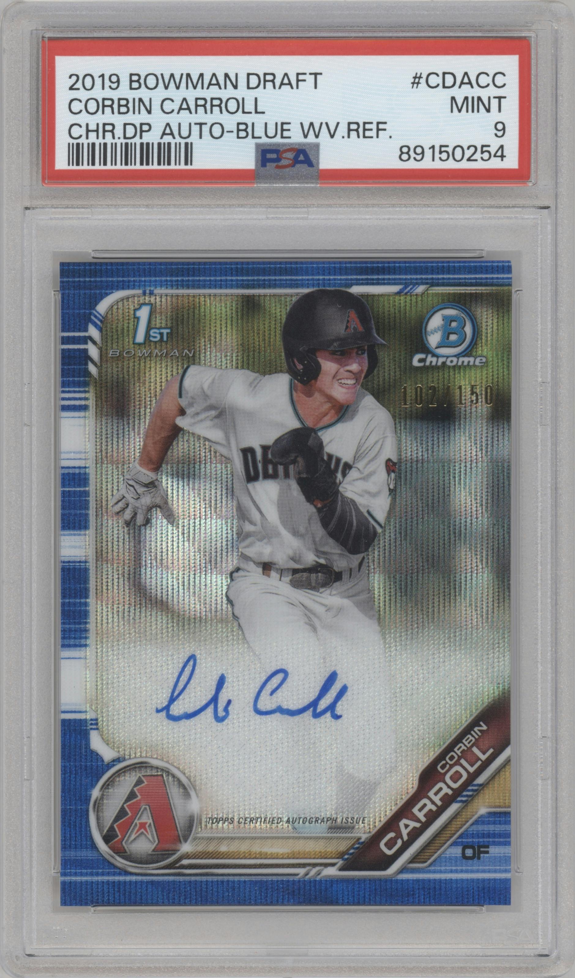 Corbin Carroll from the 2019 Bowman Draft set featuring a Blue Wave Refractor parallel graded by PSA and given an overall grade of 9.