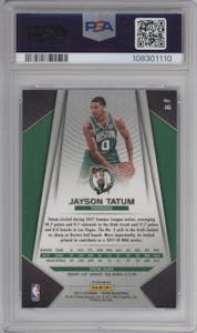 Jayson Tatum from the 2017-18 Panini Prizm  set featuring a Silver Prizm parallel graded by PSA and given an overall grade of 9.