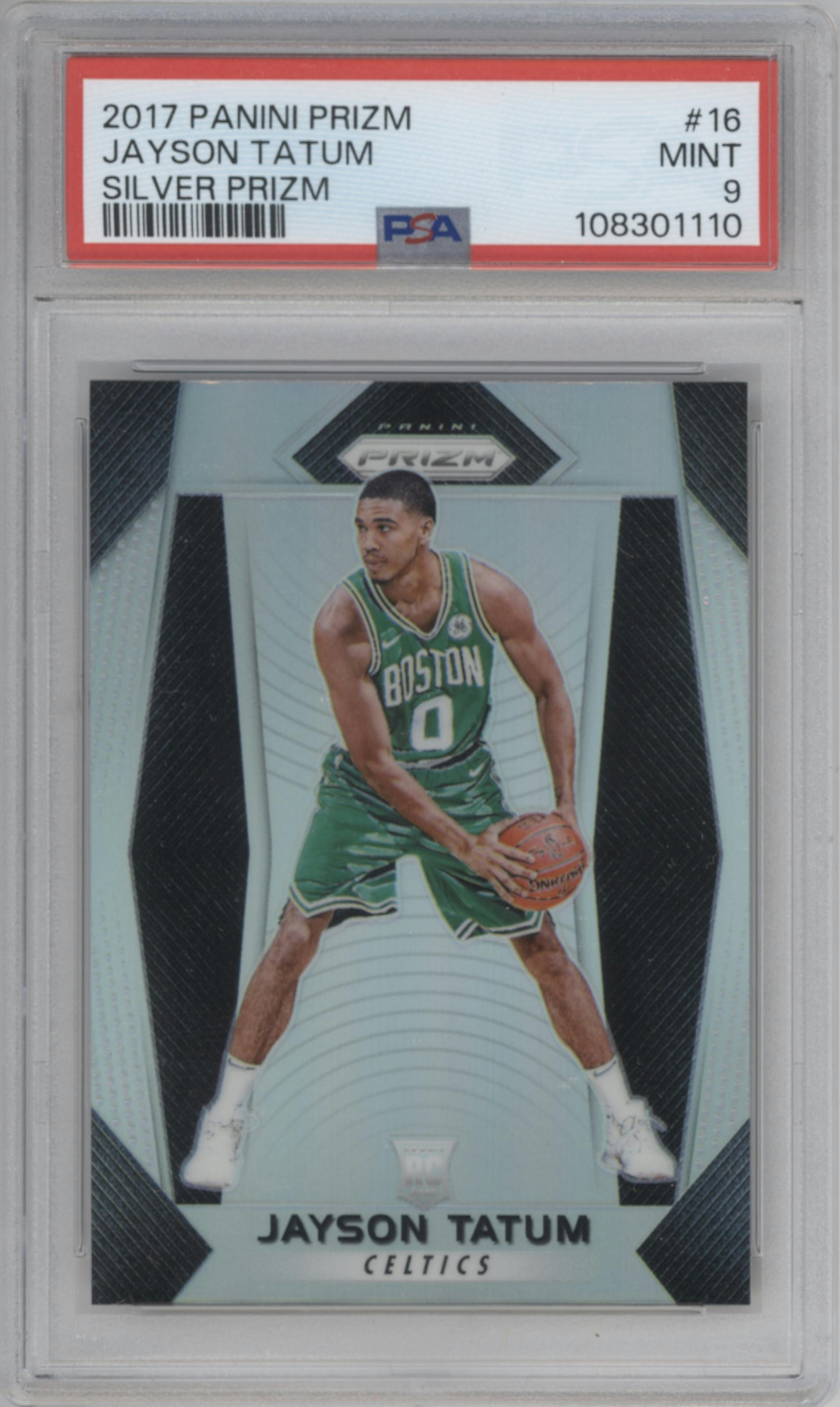 Jayson Tatum from the 2017-18 Panini Prizm  set featuring a Silver Prizm parallel graded by PSA and given an overall grade of 9.