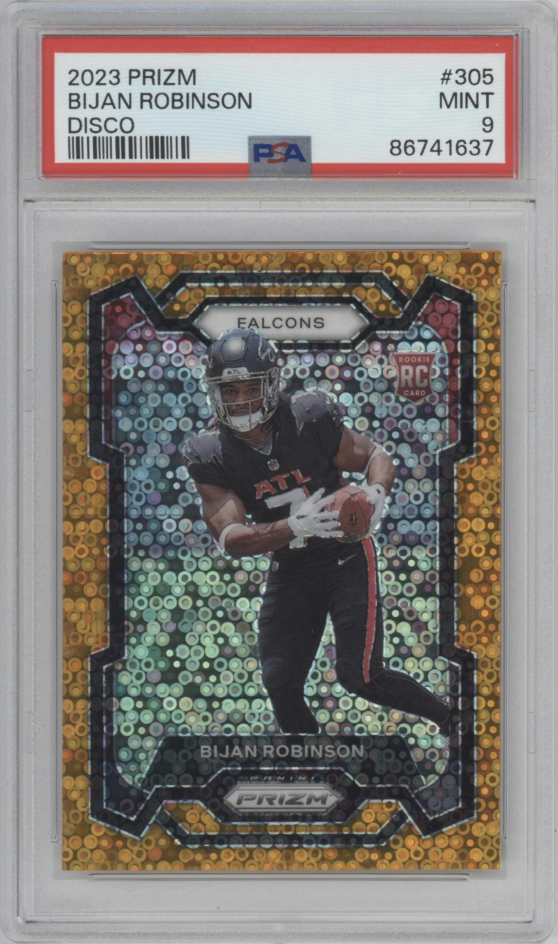 Bijan Robinson from the 2023 Panini Prizm set featuring a Disco parallel graded by PSA and given an overall grade of 9.