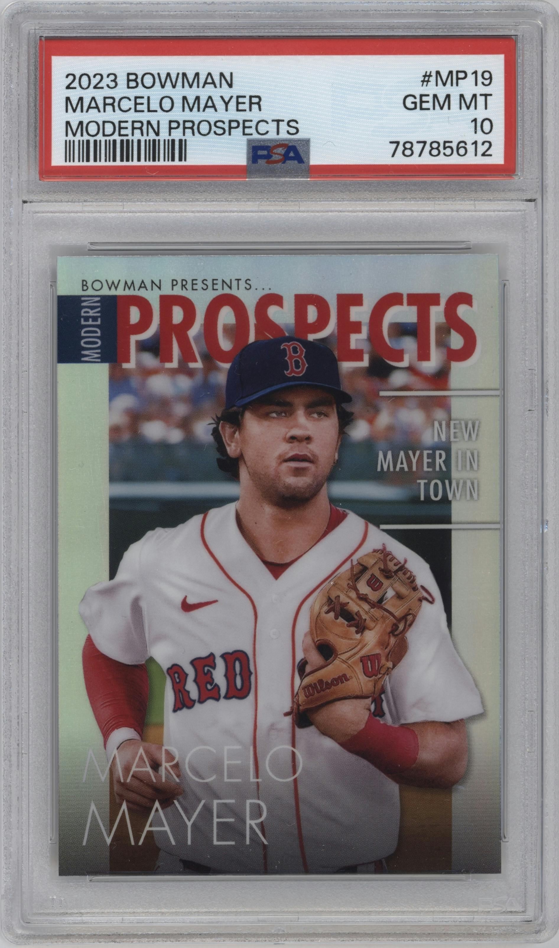 Marcelo Mayer from the 2023 Bowman  set graded by PSA and given an overall grade of 10.