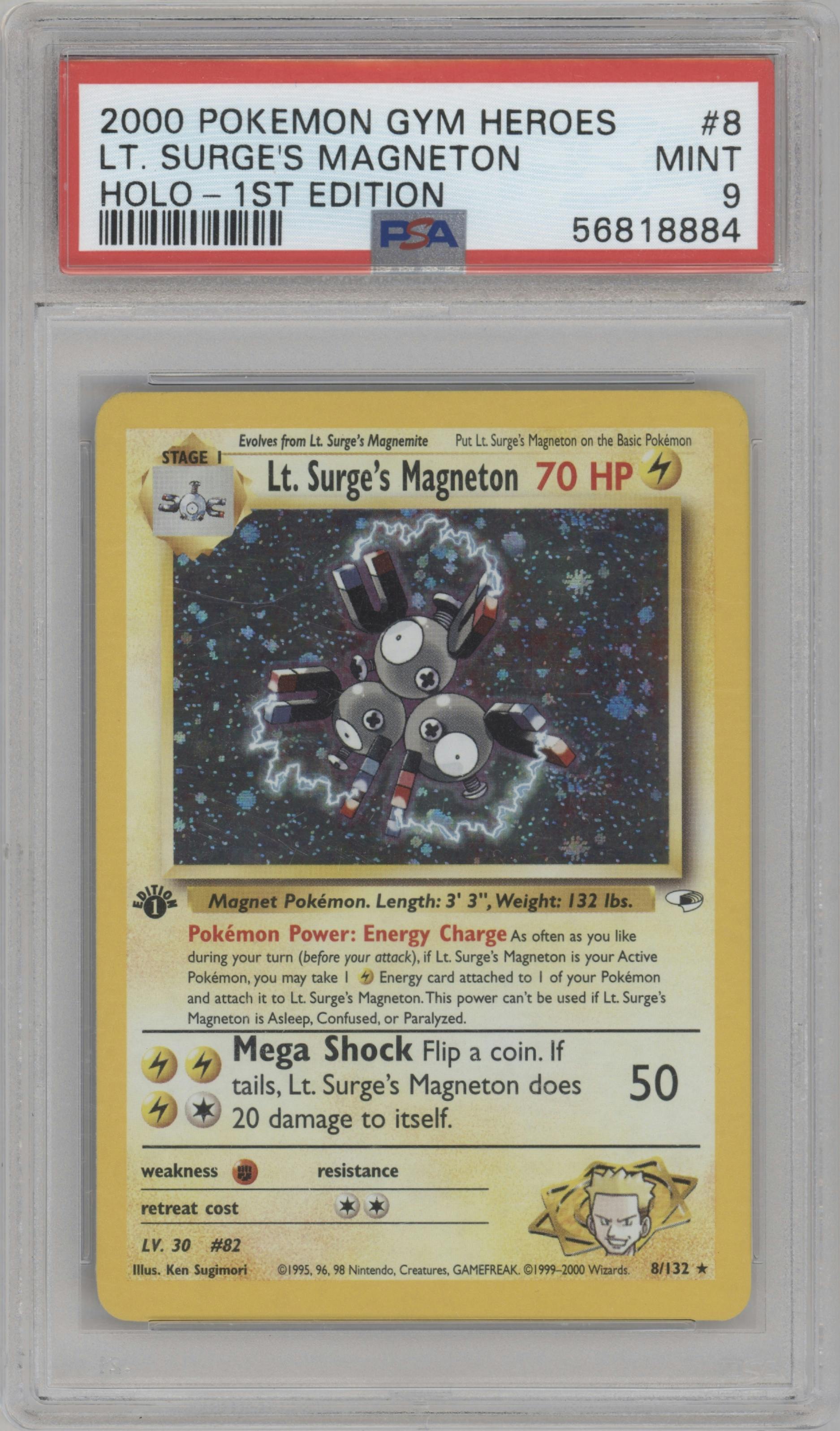 Lt. Surge's Magneton from the 2000 Pokemon GH set graded by PSA and given an overall grade of 9.