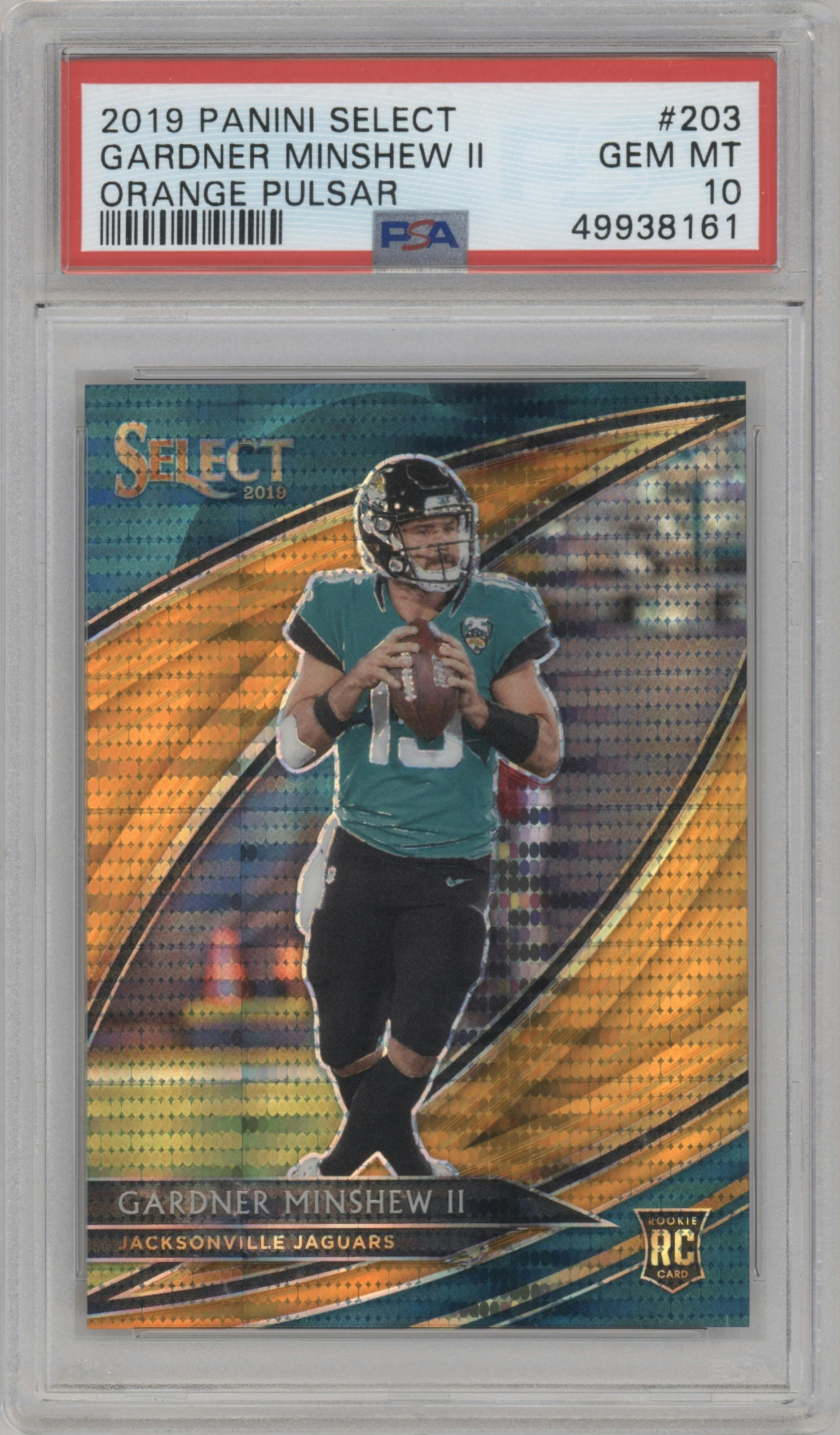Gardner Minshew II from the 2019 Panini Select  set featuring a Orange Pulsar parallel graded by PSA and given an overall grade of 10.