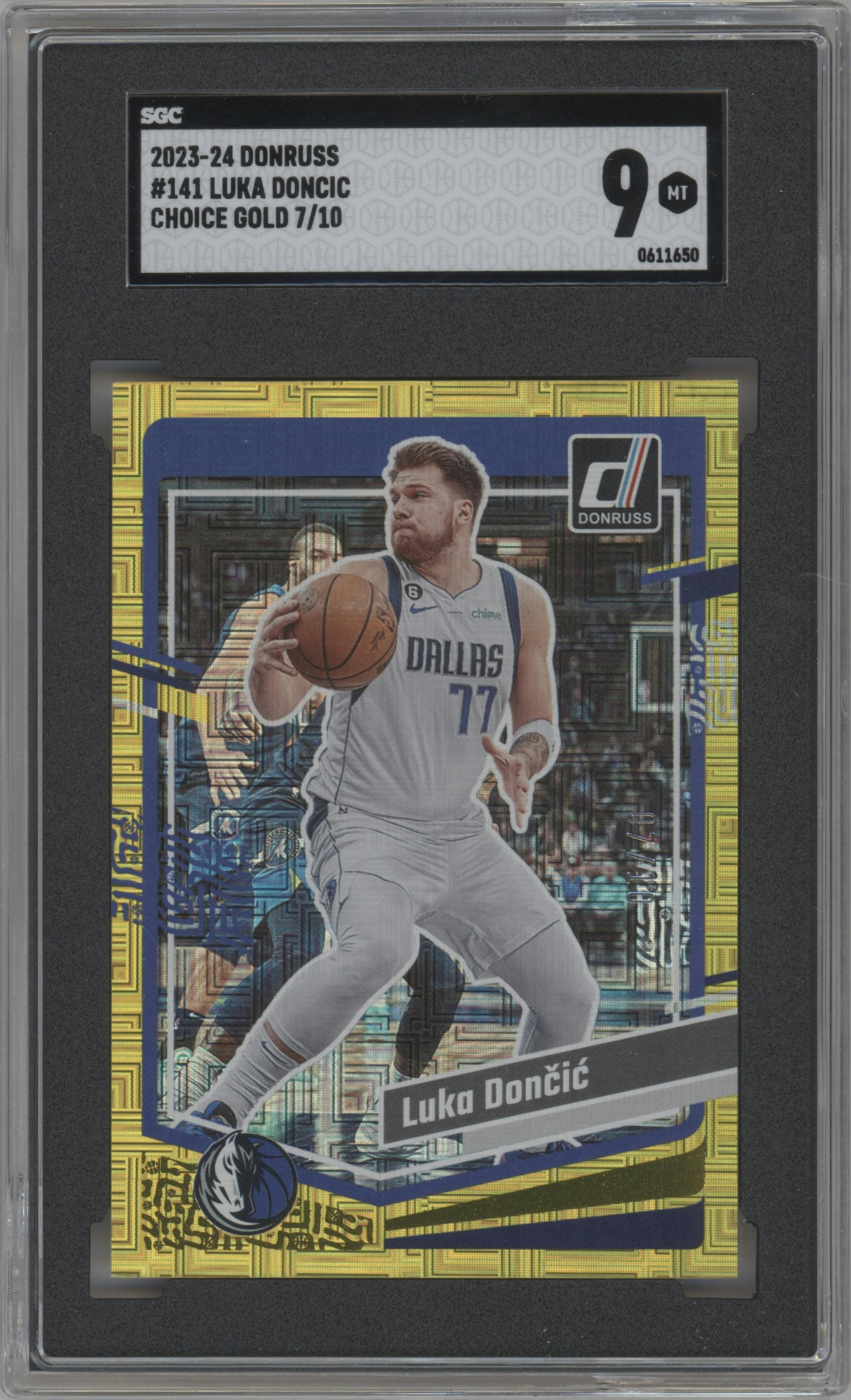 Luka Doncic from the 2023-24 Panini Donruss set featuring a Choice Gold parallel graded by SGC and given an overall grade of 9.