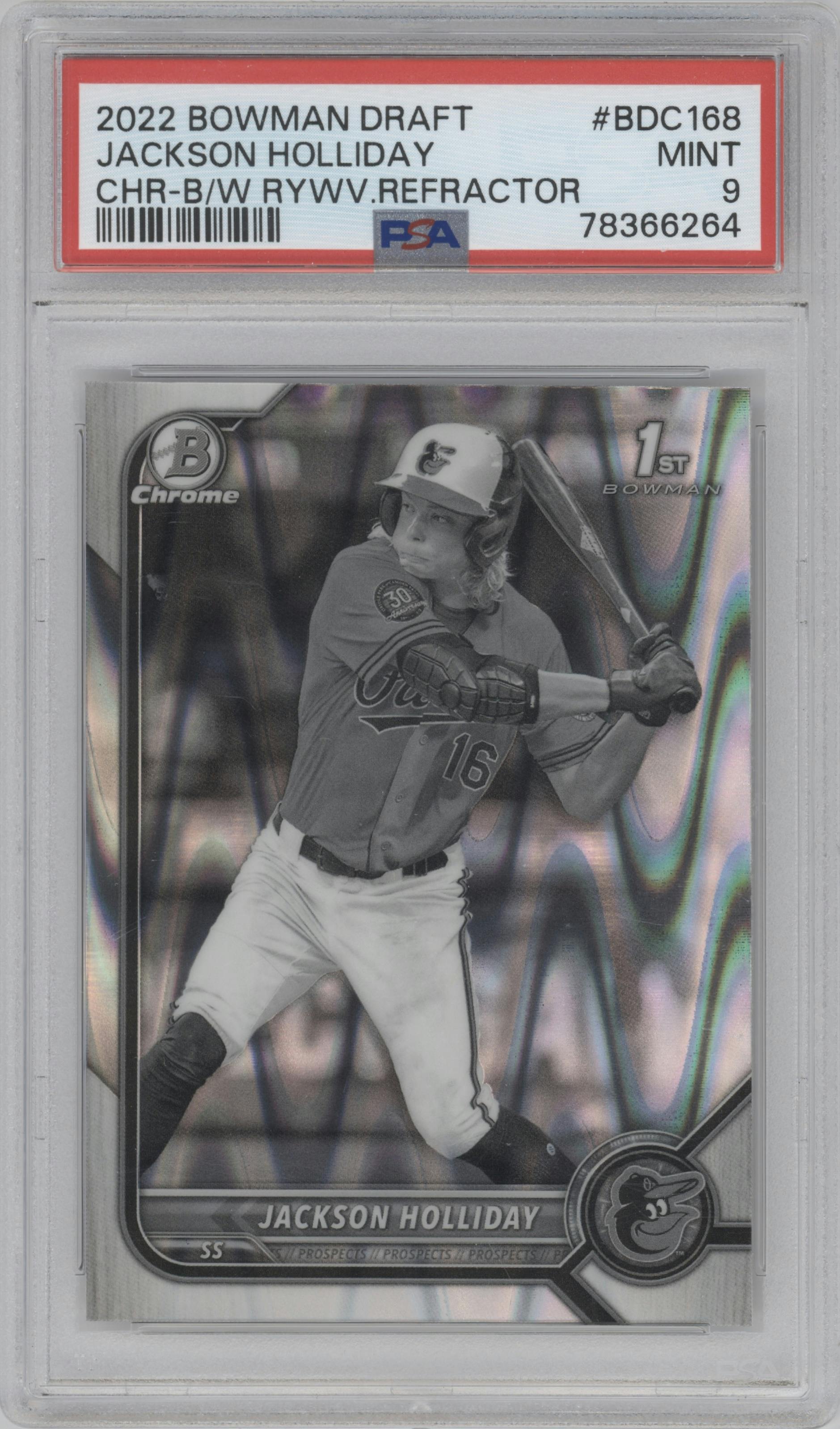 Jackson Holliday from the 2022 Bowman Draft set featuring a Black & White RayWave Refractor parallel graded by PSA and given an overall grade of 9.