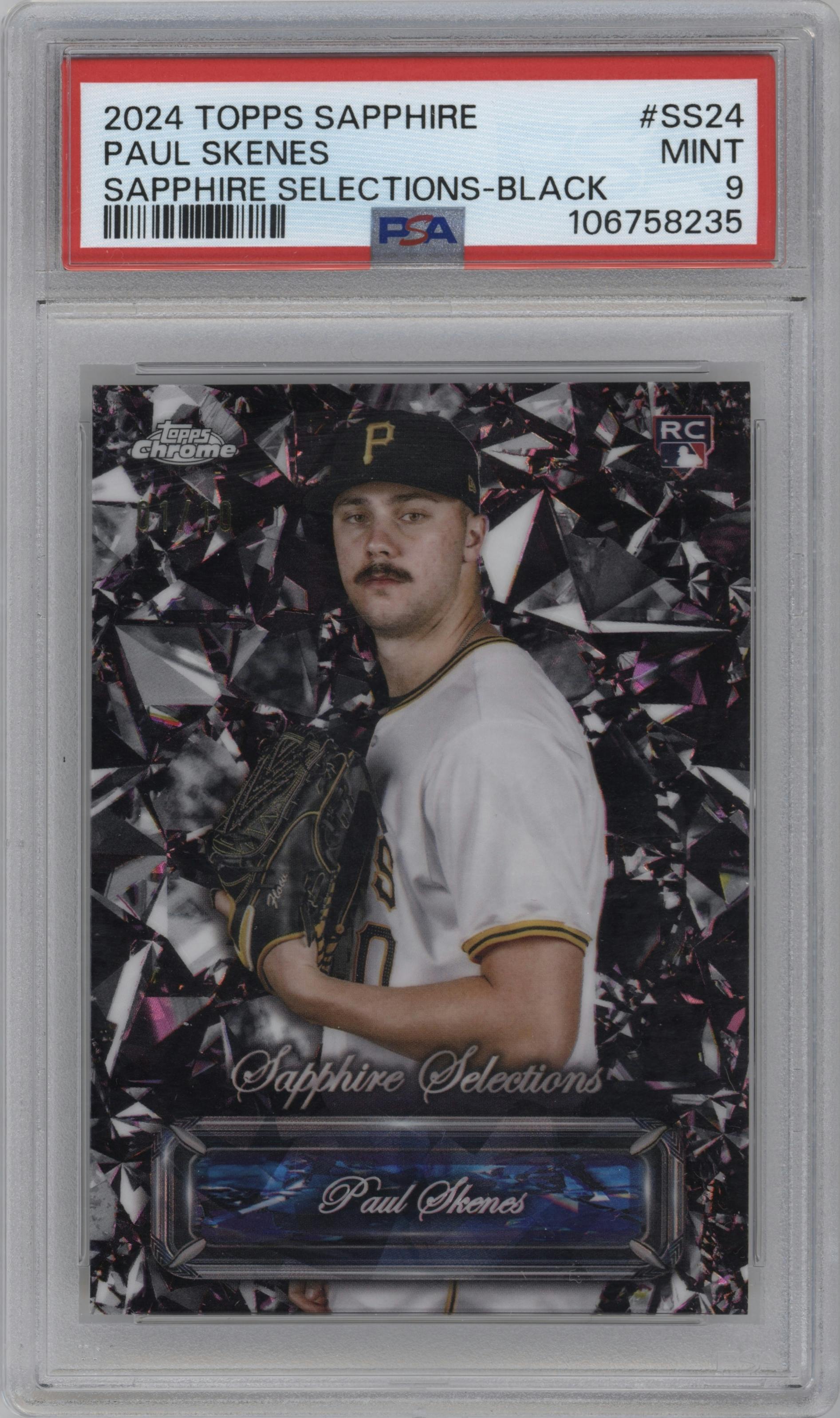 Paul Skenes from the 2024 Topps Chrome Update Sapphire Edition set featuring a Black Sapphire  parallel graded by PSA and given an overall grade of 9.