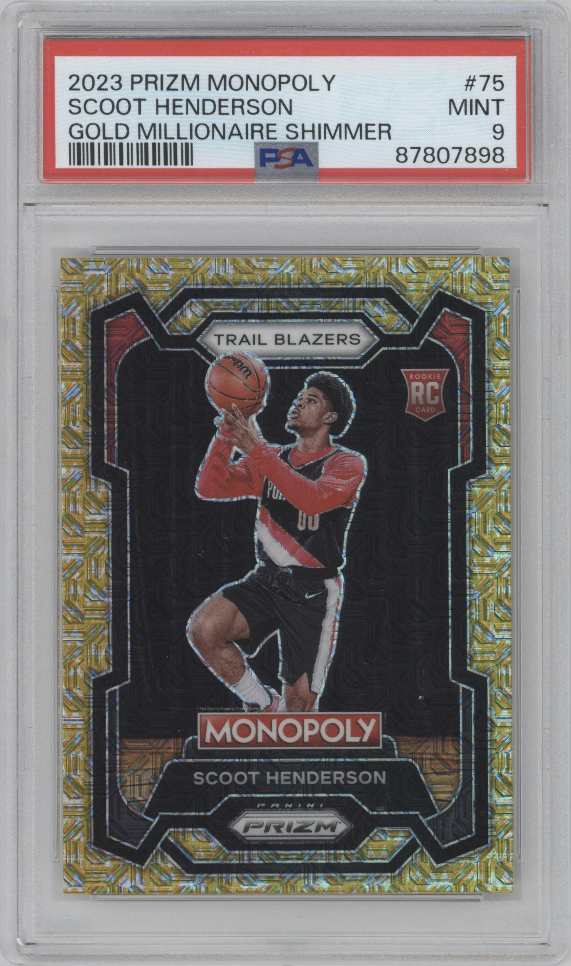 Scoot Henderson from the 2023-24 Panini Prizm Monopoly set featuring a Gold Millionaire Shimmer  parallel graded by PSA and given an overall grade of 9.