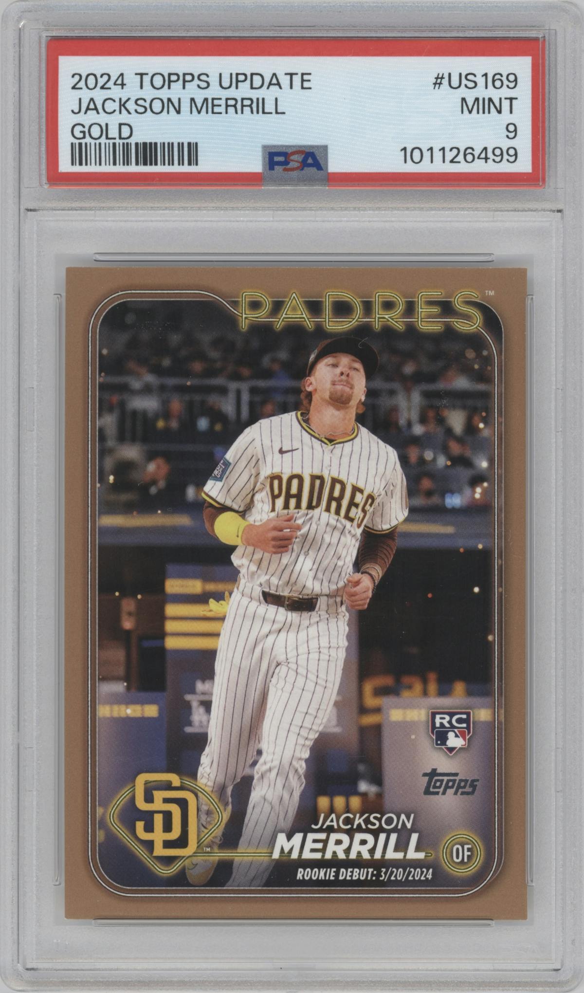 Jackson Merrill from the 2024 Topps Update set featuring a Gold parallel graded by PSA and given an overall grade of 9.
