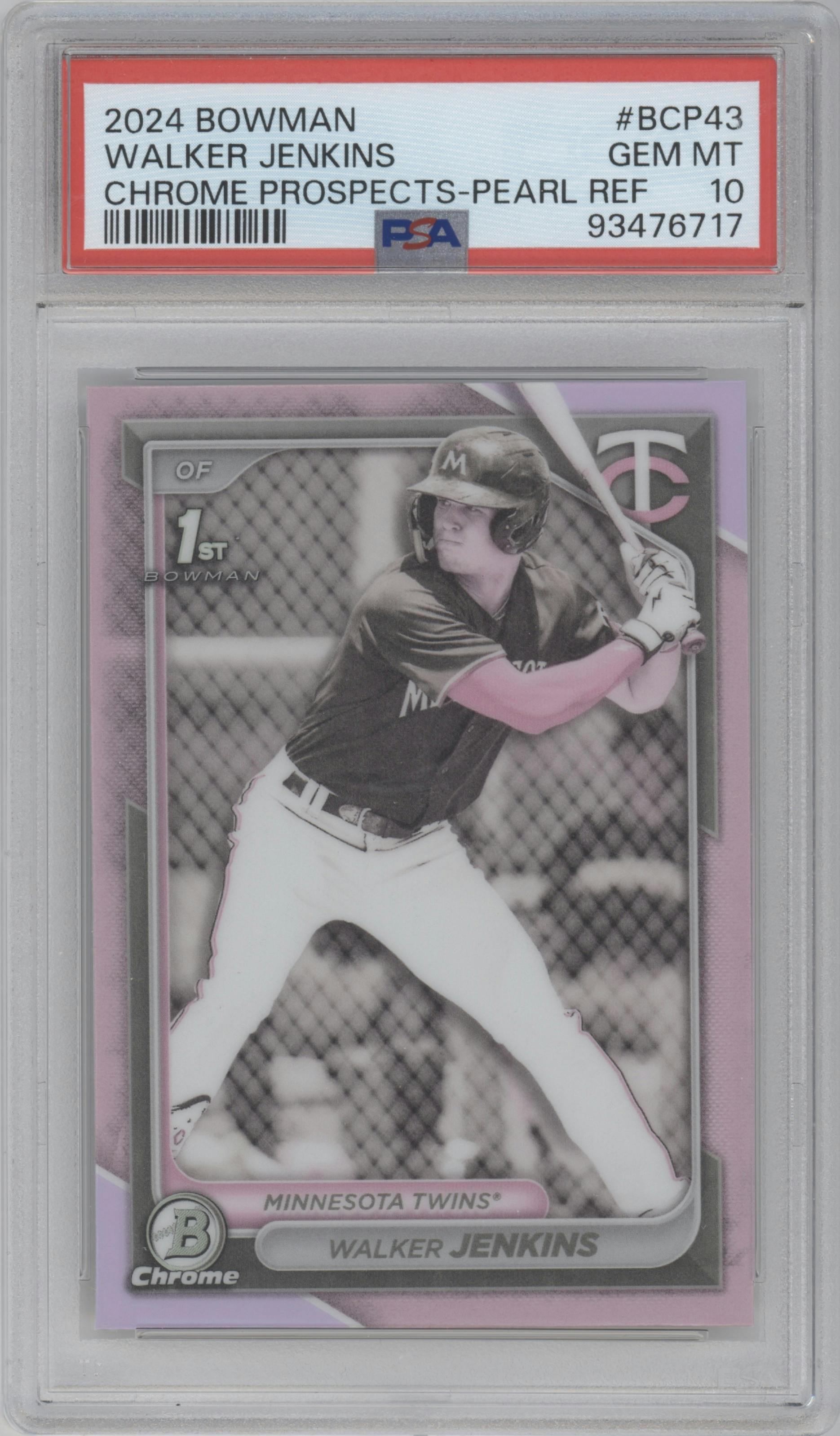 Walker Jenkins from the 2024 Bowman set featuring a Pearl Refractor parallel graded by PSA and given an overall grade of 10.