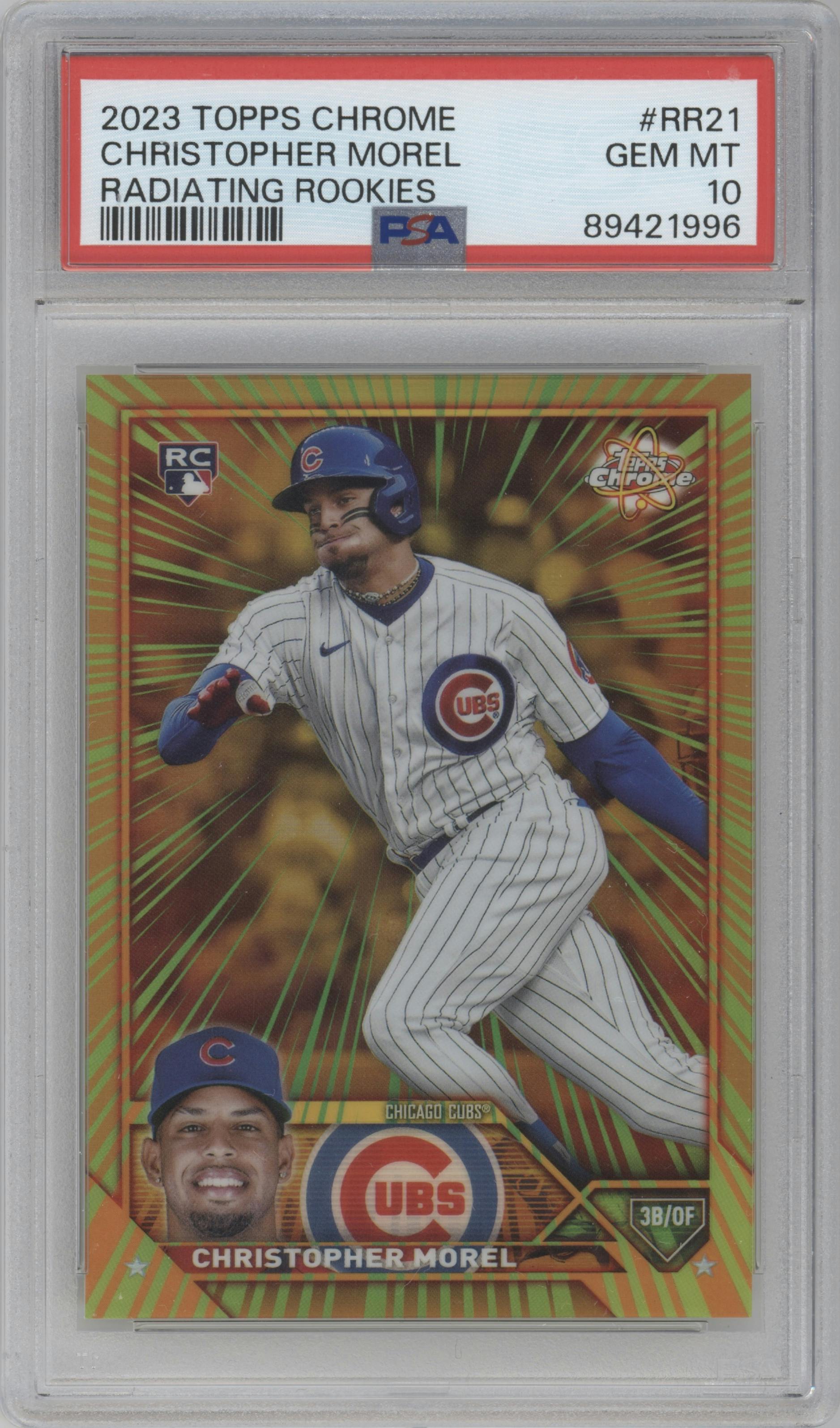 Christopher Morel from the 2023 Topps Chrome Update set graded by PSA and given an overall grade of 10.