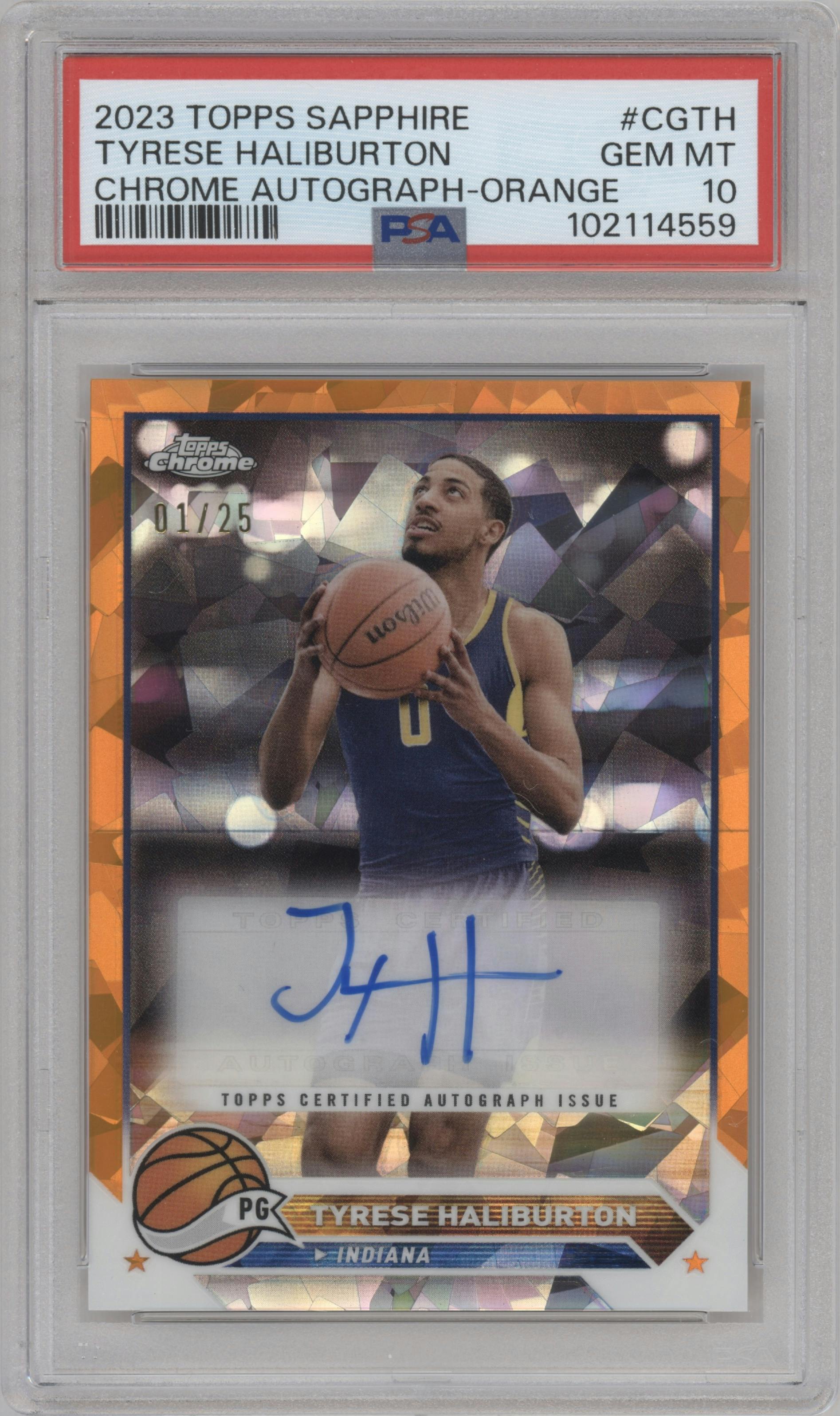 Tyrese Haliburton from the 2023-24 Topps Chrome Sapphire set featuring a Orange Sapphire parallel graded by PSA and given an overall grade of 10.