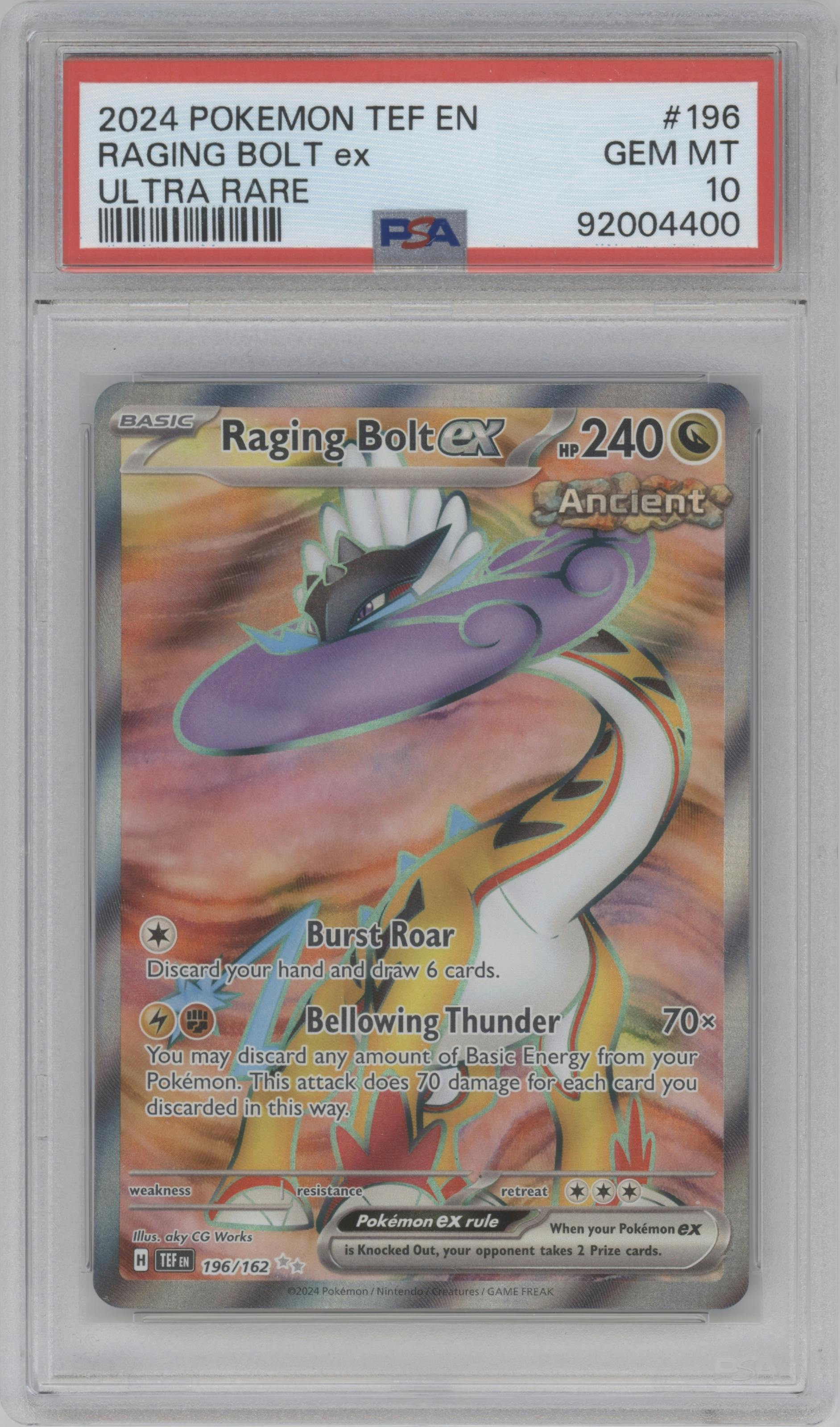 Raging Bolt ex from the 2024 Pokemon SV set graded by PSA and given an overall grade of 10.