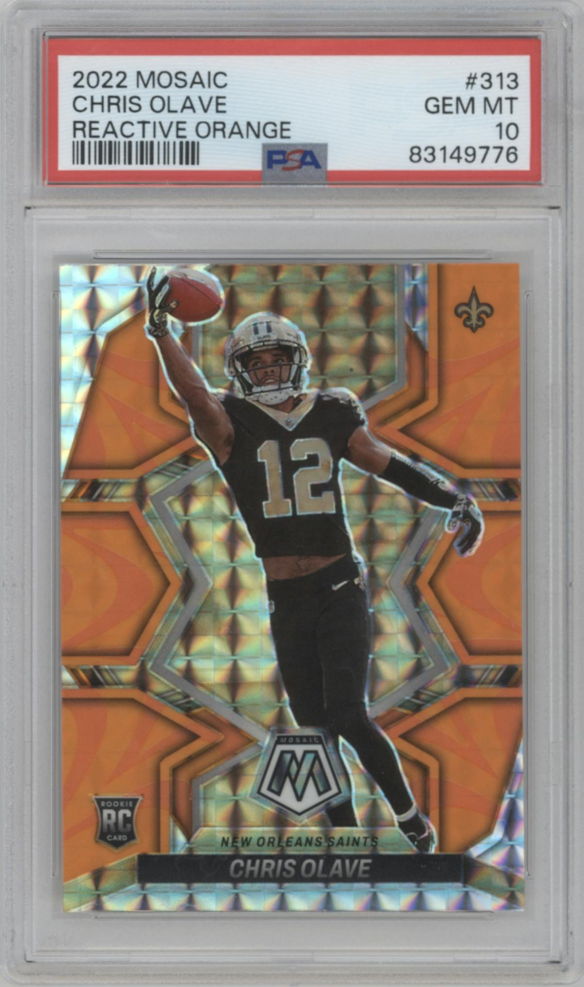 Chris Olave from the 2022 Panini Mosaic set featuring a Reactive Orange parallel graded by PSA and given an overall grade of 10.