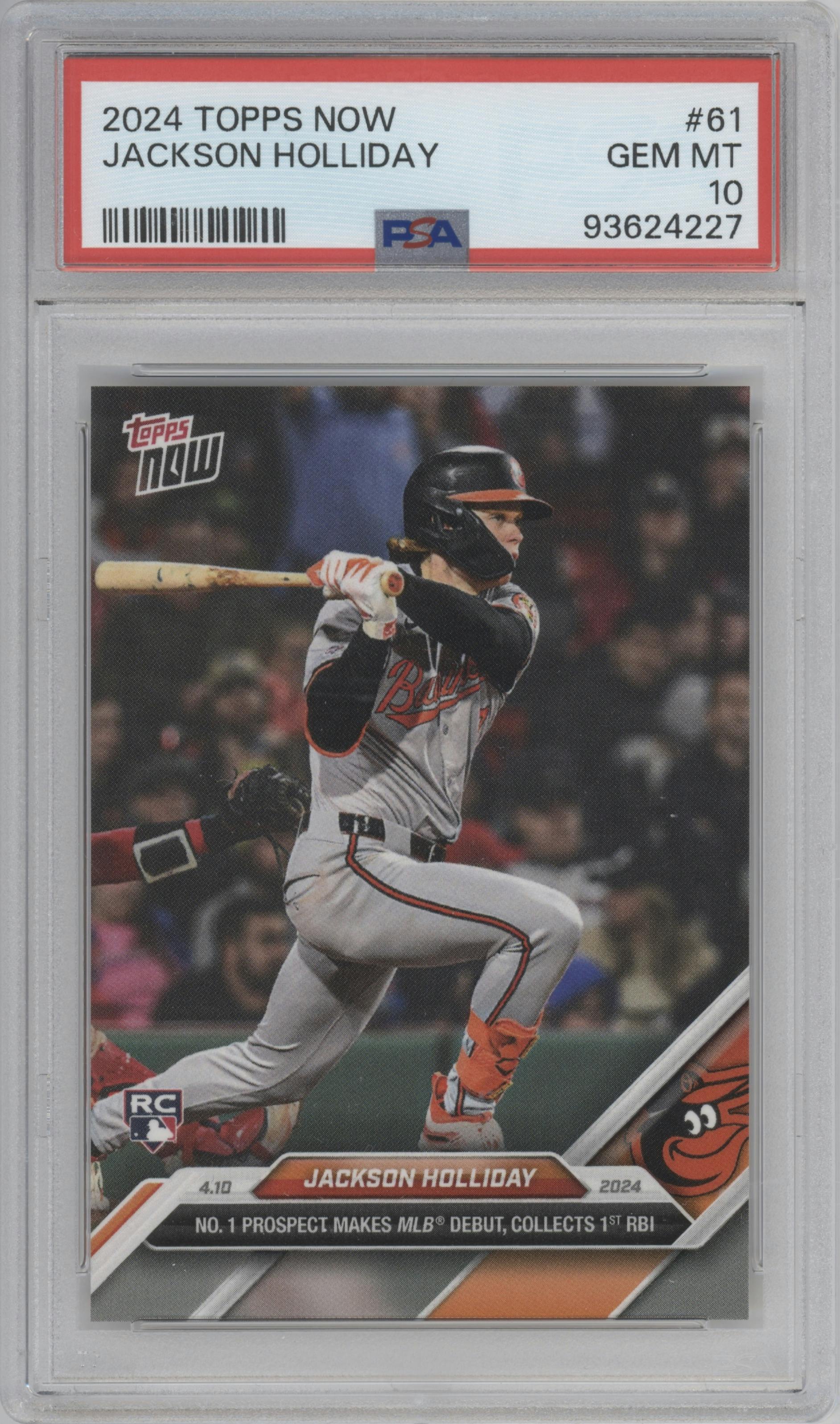 Jackson Holliday from the 2024 Topps Now set graded by PSA and given an overall grade of 10.