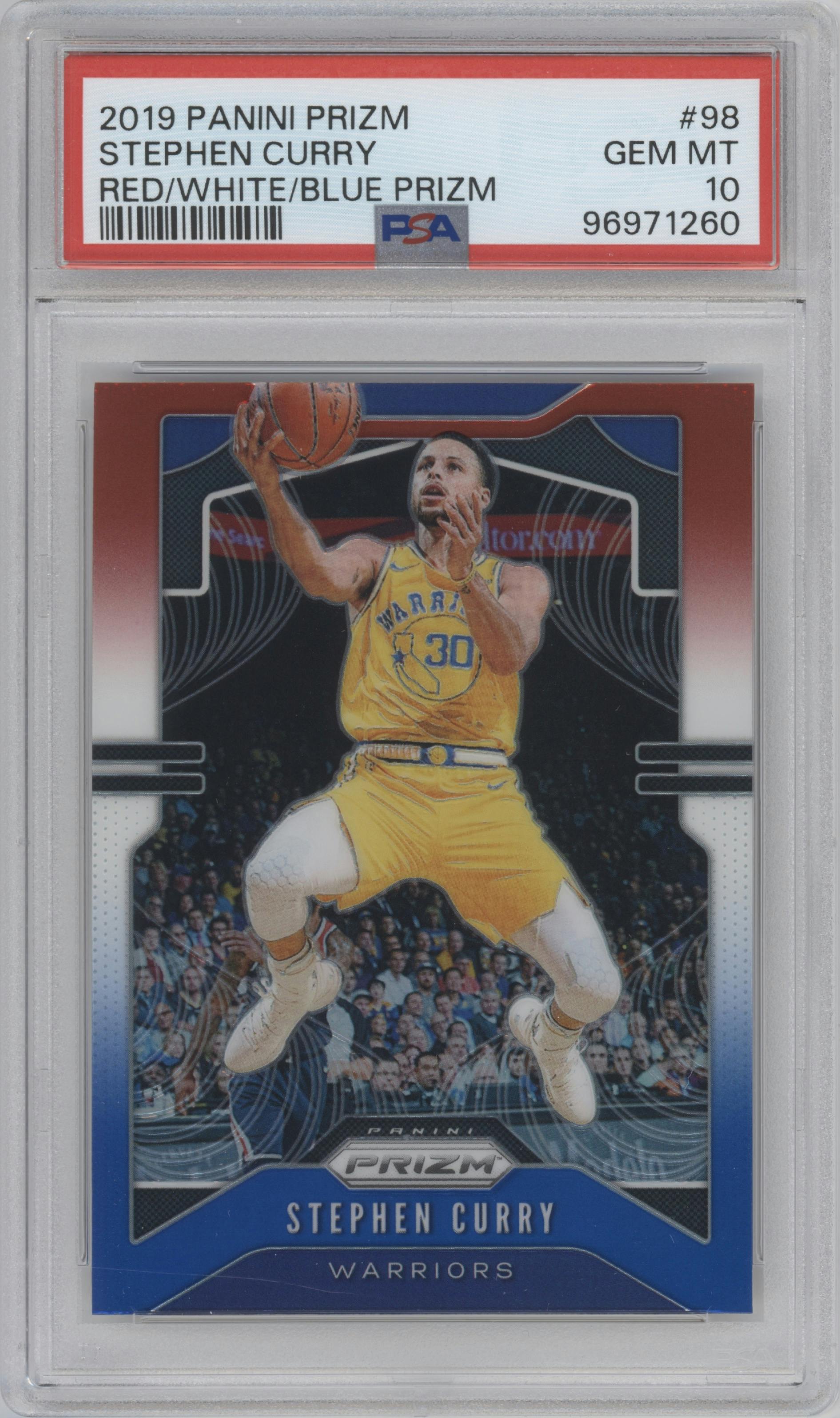 Stephen Curry from the 2019-20 Panini Prizm set featuring a Red/White/Blue Prizm  parallel graded by PSA and given an overall grade of 10.