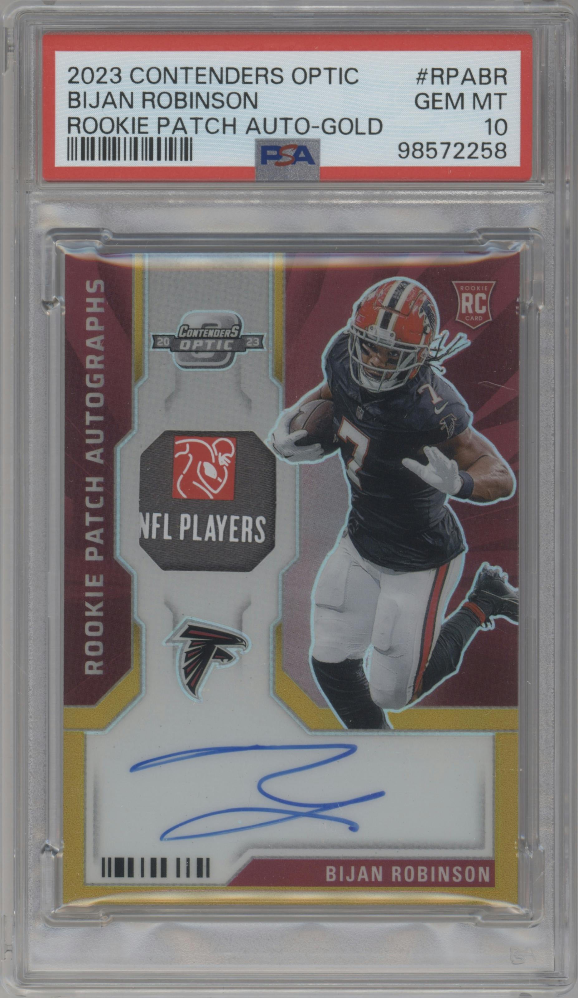 Bijan Robinson from the 2023 Panini Contenders Optic set featuring a Gold parallel graded by PSA and given an overall grade of 10.