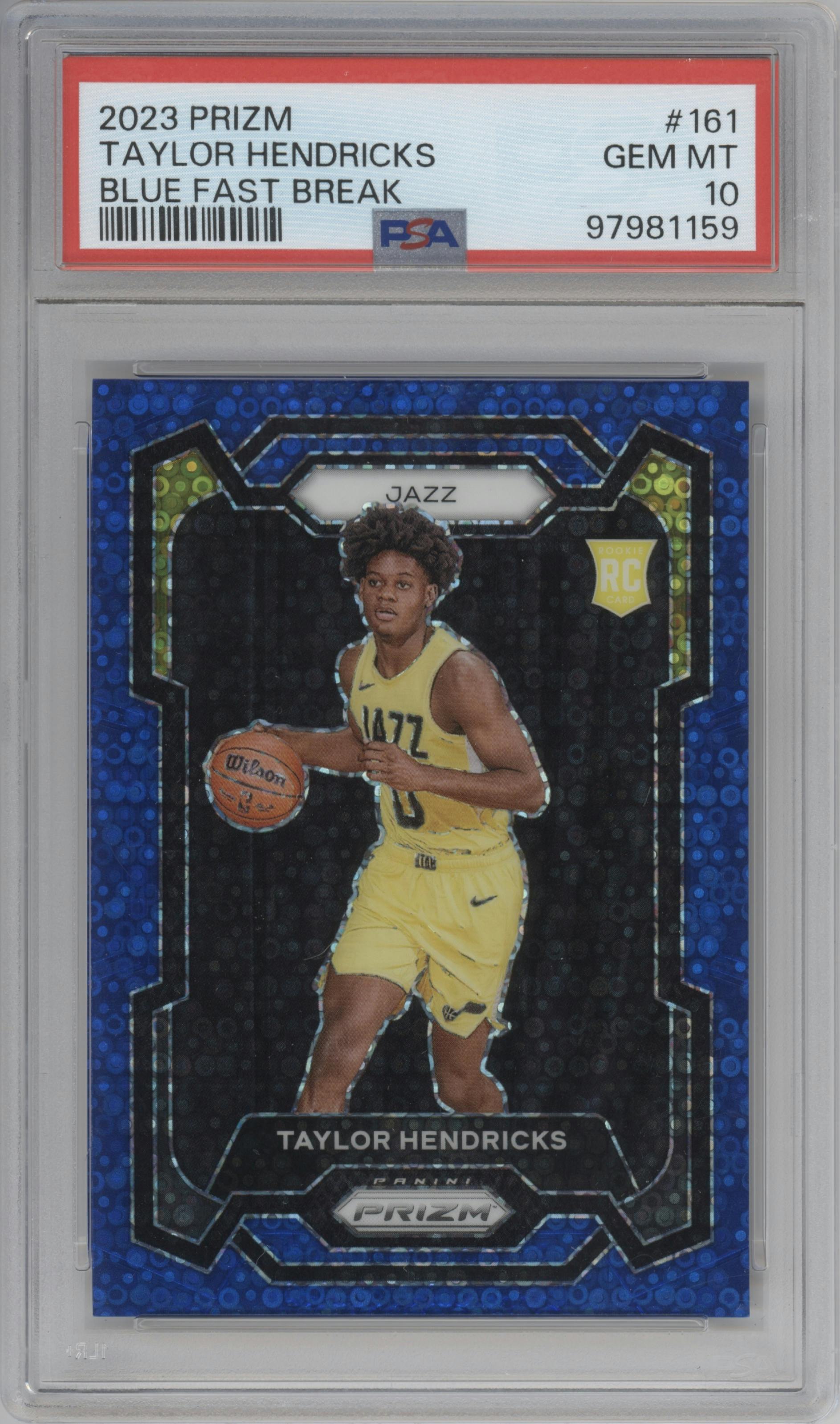 Taylor Hendricks from the 2023-24 Panini Prizm set featuring a Fast Break Blue Prizm parallel graded by PSA and given an overall grade of 10.