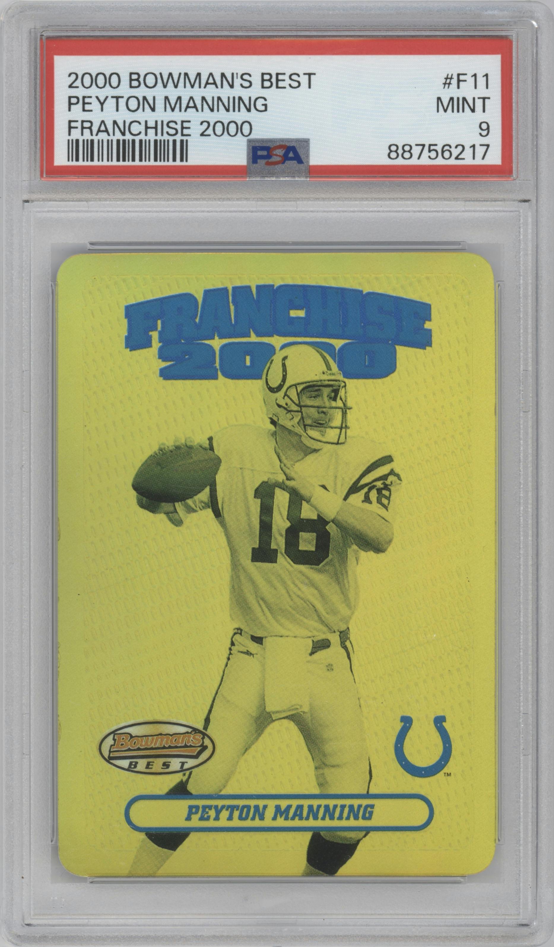 Peyton Manning from the 2000 Bowman's Best set graded by PSA and given an overall grade of 9.