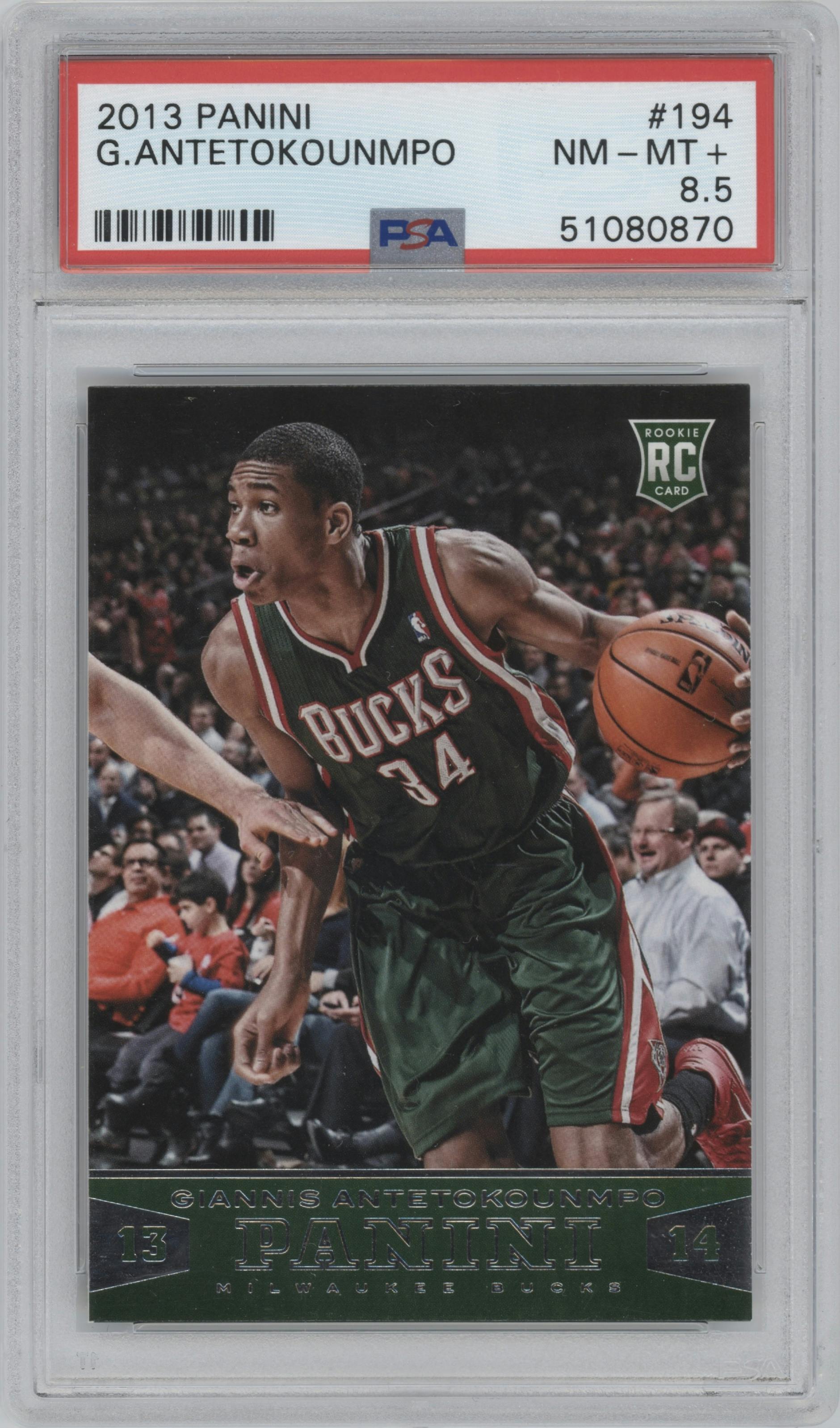 Giannis Antetokounmpo from the 2013-14 Panini set graded by PSA and given an overall grade of 8.5.
